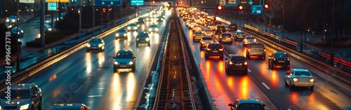 Heavy traffic flows on a city highway during evening hours, with car headlights reflecting on wet road surfaces, creating a vibrant urban scene. Wide web banner.