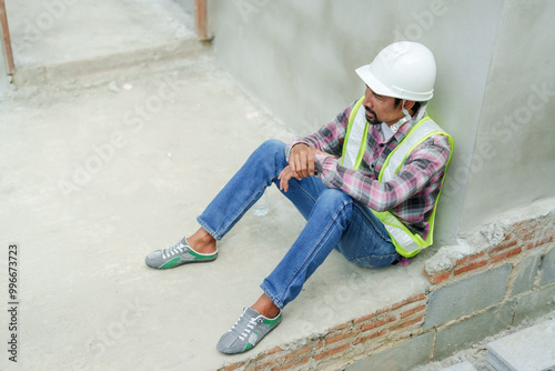 Wallpaper Mural Asian male engineer wearing a safety helmet and vest sitting on the ground outdoors at a construction site. Appears to be resting after work, leaning back against an unfinished concrete wall. Torontodigital.ca