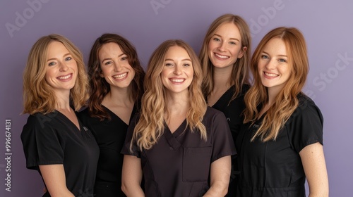 Group of five smiling women in black scrubs posing together against a purple background, showcasing teamwork and professionalism.