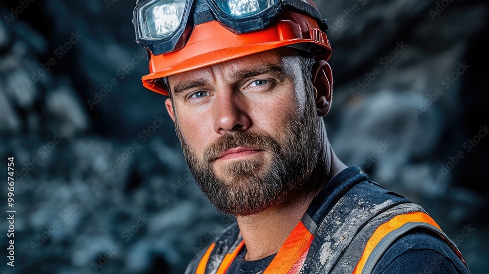 Hardworking miner in safety gear with a serious expression, showcasing strength and determination in a mining environment. Hardworking miner in safety gear with a serious expression, showcasing strength and determination in a mining environment.