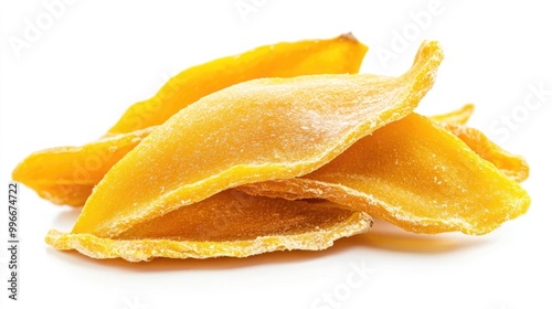 Dried slices of ripe yellow mango fruit isolated on a white background photo