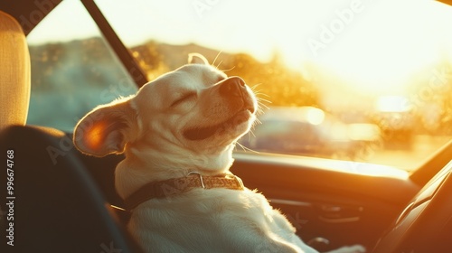 Dog happily rides in a car feeling the breeze and sunshine Enjoying a road trip with a well mannered puppy and proud pet owners photo