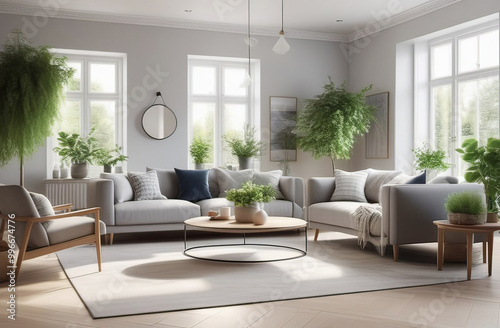 airy and spacious living room interior, natural light through windows, fresh houseplants, elegant and modern space