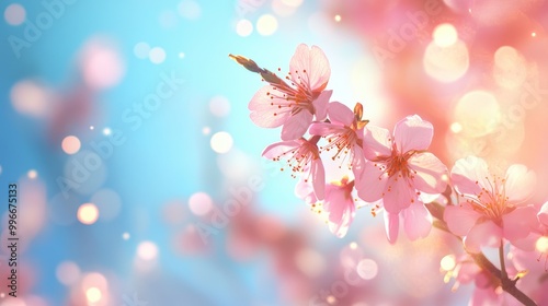 Delicate pink cherry blossom branches against a bright blue sky in sunlight Spring nature background featuring sakura flowers with bokeh ideal for banner use
