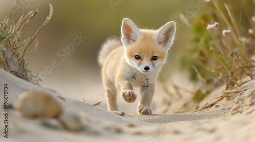 Cute baby sand fox running in the wild photo