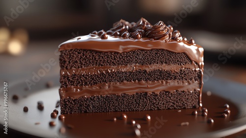 Closeup of a slice of soft chocolate cake with a shiny ganache layer, meltinyourmouth texture, irresistible dessert photo