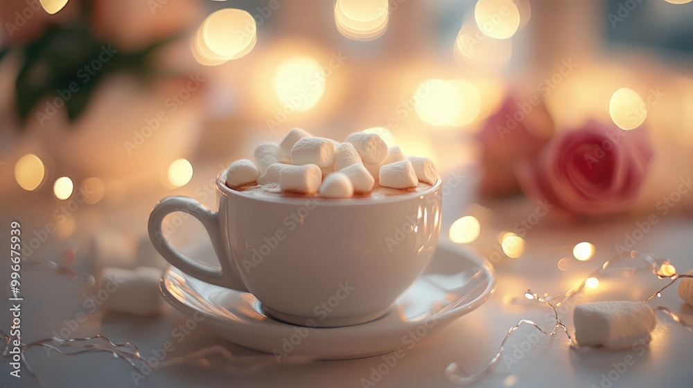 Cup of coffee topped with marshmallows on a table reflecting a romantic theme for a celebration Cup of coffee topped with marshmallows on a table reflecting a romantic theme for a celebration