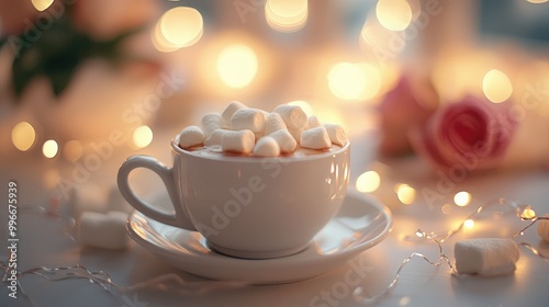 Cup of coffee topped with marshmallows on a table reflecting a romantic theme for a celebration