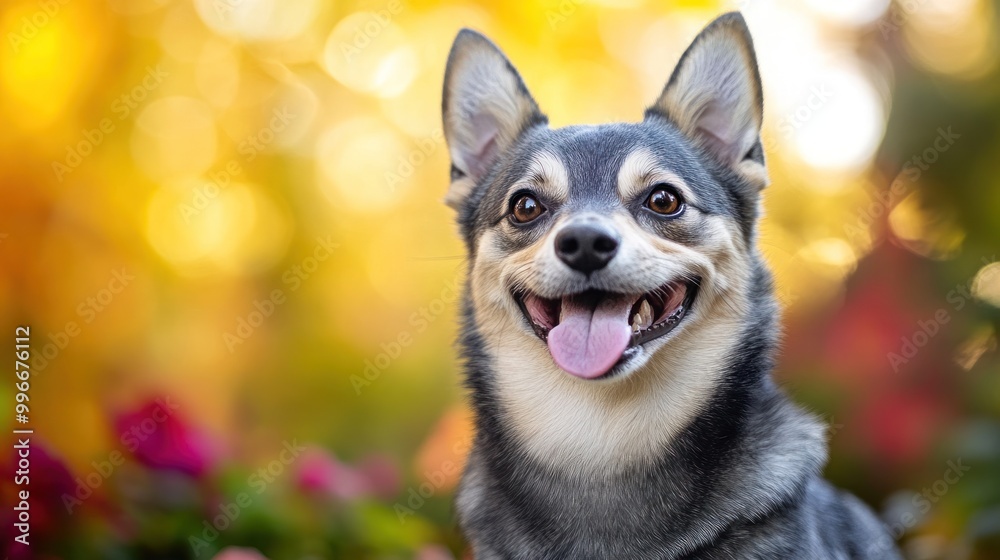 Obraz premium A happy dog with a playful expression in a colorful, blurred outdoor setting.