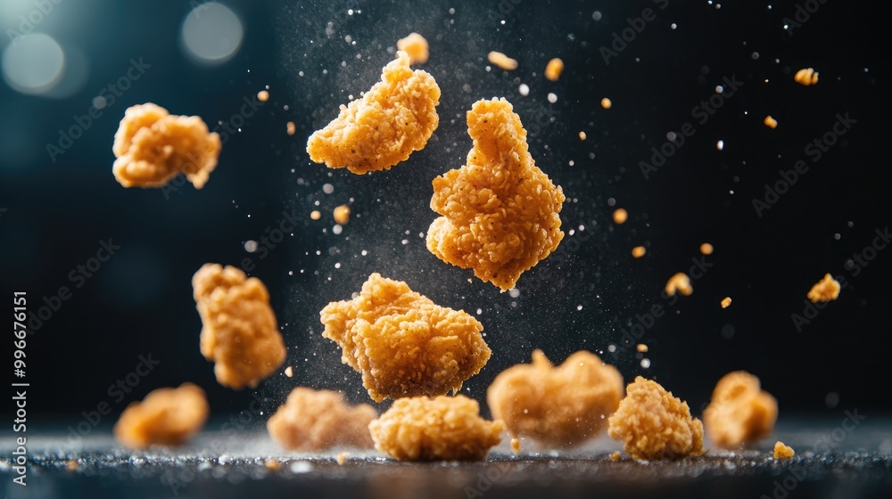 Crispy breaded chicken pieces are tumbling against a dark backdrop Crispy breaded chicken pieces are tumbling against a dark backdrop