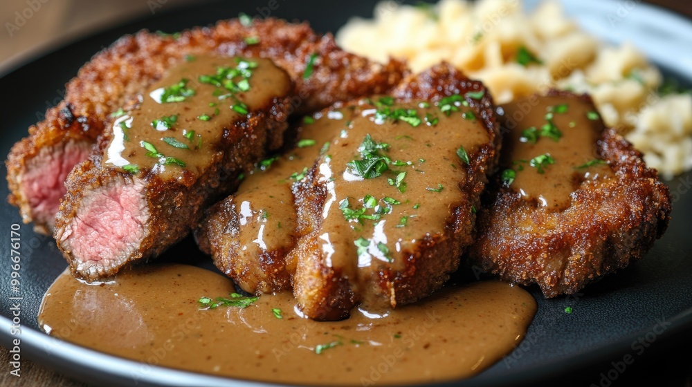 Crispy Fried Beef Steak with Flavorful Gravy Sauce Crispy Fried Beef Steak with Flavorful Gravy Sauce