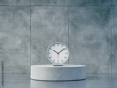 Minimalist clock decoration on a pedestal against a textured wall, perfect for modern interior design aesthetics. photo