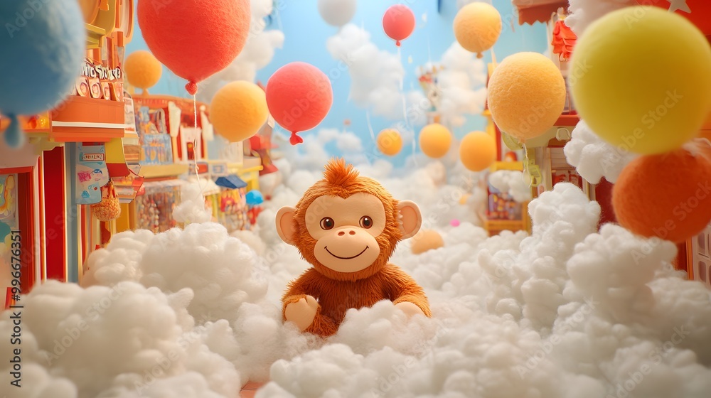 Fototapeta premium Soft Monkey King plush surrounded by floating wool felt balloons and cloud streets lined with shops