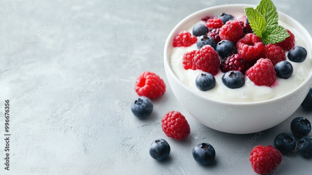 Creamy natural yogurt topped with mixed berries on a soft gray backdrop Ideal for healthy breakfast ideas Creamy natural yogurt topped with mixed berries on a soft gray backdrop Ideal for healthy breakfast ideas