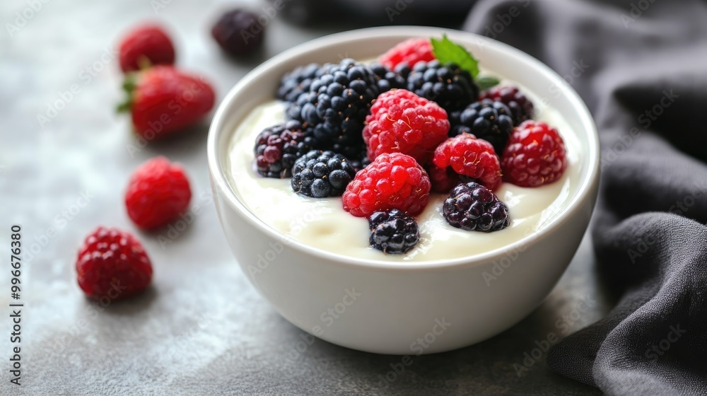 Creamy natural yogurt topped with mixed berries on a soft gray backdrop Ideal for healthy breakfast ideas Creamy natural yogurt topped with mixed berries on a soft gray backdrop Ideal for healthy breakfast ideas