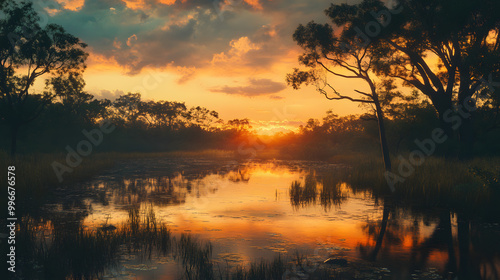 Beautiful orange and blue sky above calm lake, reflecting trees and clouds at dusk