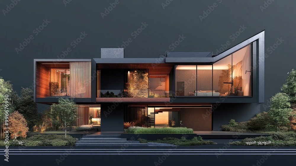 Modern architecture featuring a sleek house design with large windows, blending nature with contemporary living spaces. Modern architecture featuring a sleek house design with large windows, blending nature with contemporary living spaces.