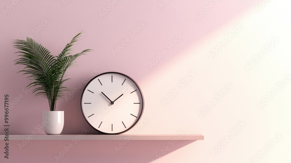 Contemporary clock on a shelf beside a houseplant featuring ample copy space against a soft pink background Contemporary clock on a shelf beside a houseplant featuring ample copy space against a soft pink background