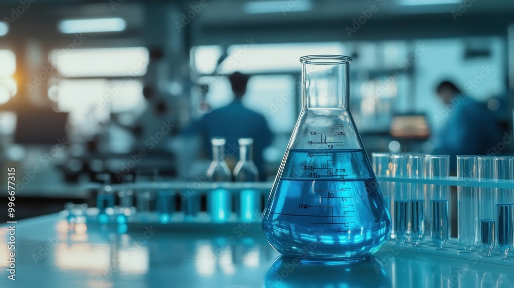 Laboratory setting with blue liquid in a flask, emphasizing scientific research and experimentation. Laboratory setting with blue liquid in a flask, emphasizing scientific research and experimentation.