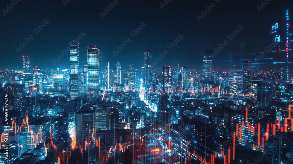 Fototapeta premium A futuristic city skyline with data visualizations, symbolizing technology and finance.