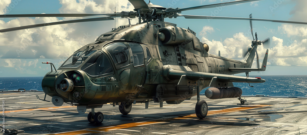 Italian light helicopter on the deck of ship with the sea and sky in the background Italian light helicopter on the deck of ship with the sea and sky in the background