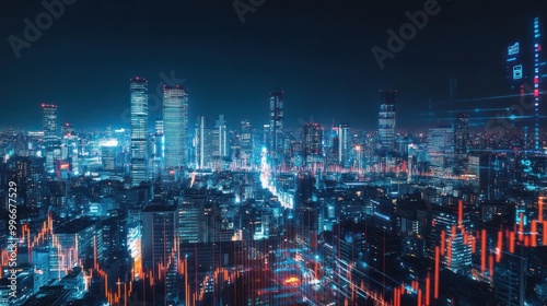 Wallpaper Mural A futuristic city skyline with data visualizations, symbolizing technology and finance. Torontodigital.ca