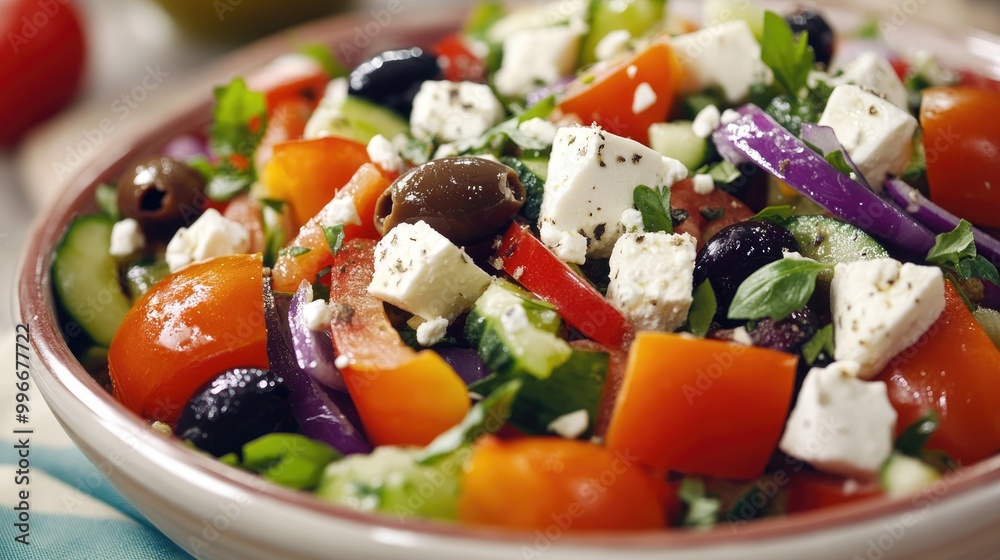 Colorful salad bowl filled with fresh vegetables olives and feta cheese ideal for healthy meals and Mediterranean dishes Colorful salad bowl filled with fresh vegetables olives and feta cheese ideal for healthy meals and Mediterranean dishes