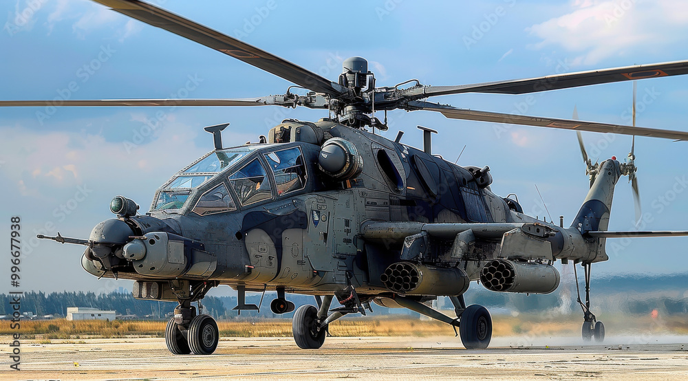 Russian combat helicopter flying against a clear blue sky in high-quality detail Russian combat helicopter flying against a clear blue sky in high-quality detail