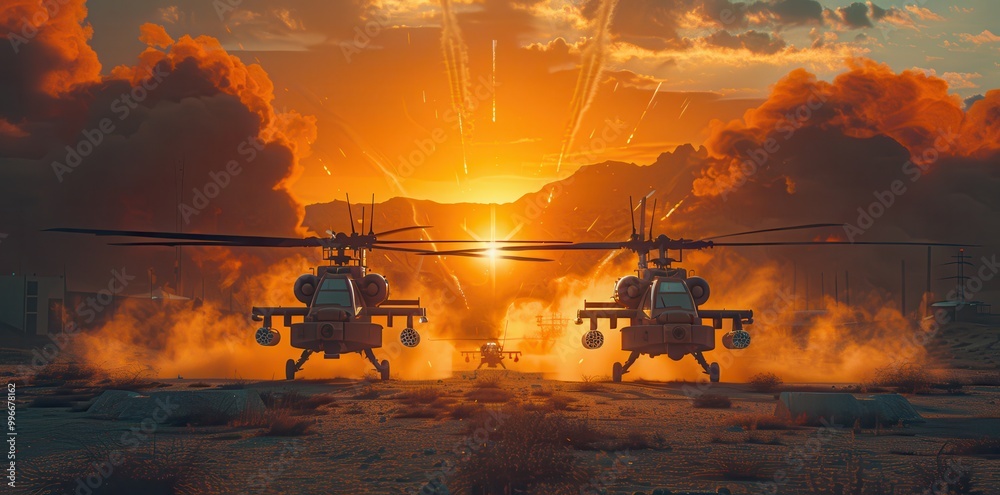 Two advanced portable attack helicopters in a dramatic sunset at a military base Two advanced portable attack helicopters in a dramatic sunset at a military base