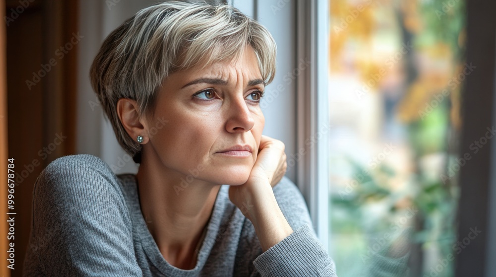 A thoughtful woman gazes out the window reflecting on life in a cozy room during autumn A thoughtful woman gazes out the window reflecting on life in a cozy room during autumn