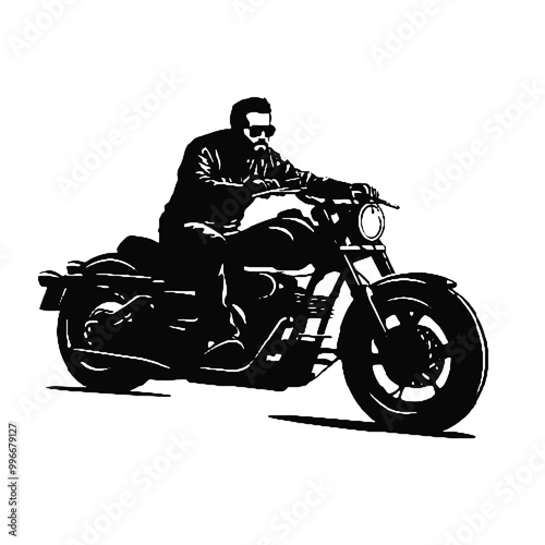 Biker on Chopper Silhouette – Black and White Vector Illustration with Transparent Background for Logos and Tattoos photo