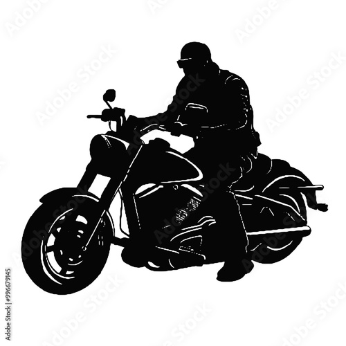 Biker on Chopper Silhouette – Black and White Vector Illustration with Transparent Background for Logos and Tattoos