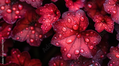 Close up of vibrant red Heuchera micrantha leaves adorned with water droplets against a dark backdrop photo