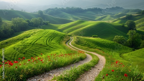 Stunning Summer Landscape with Rolling Green Hills and a Sunlit Path 