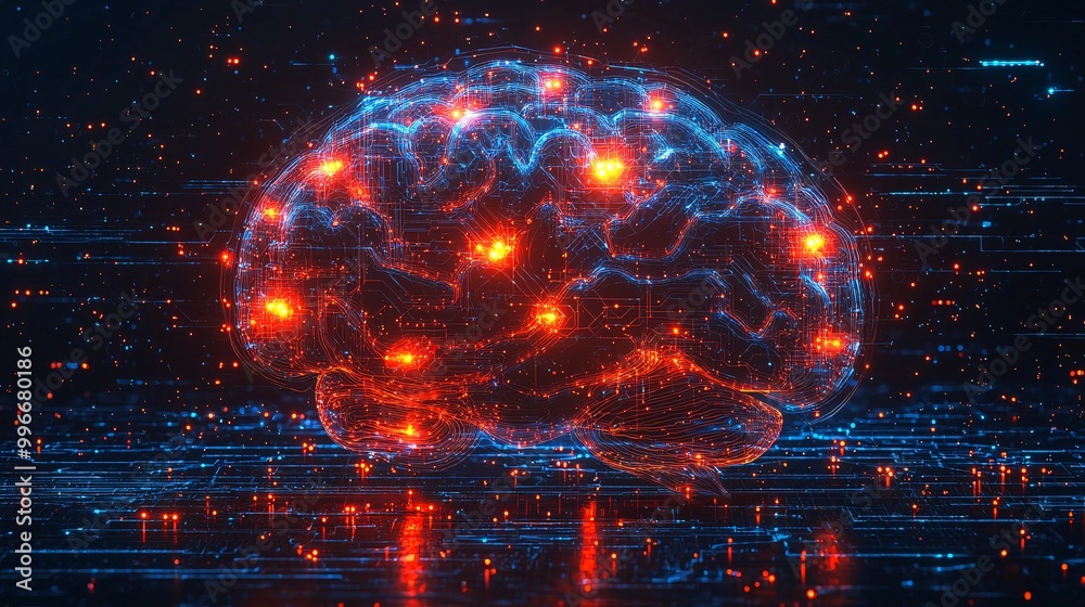 A glowing wireframe brain with orange light points, connected to intricate circuitry on a dark blue technological background A glowing wireframe brain with orange light points, connected to intricate circuitry on a dark blue technological background