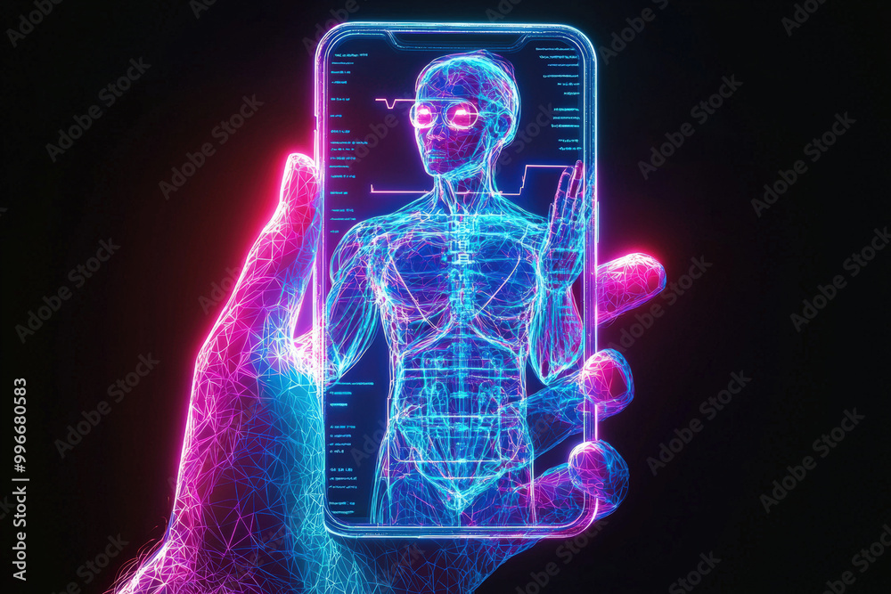 A hand holding smartphone displays holographic human anatomy model, showcasing intricate details in vibrant neon colors. This image represents fusion of technology and health A hand holding smartphone displays holographic human anatomy model, showcasing intricate details in vibrant neon colors. This image represents fusion of technology and health