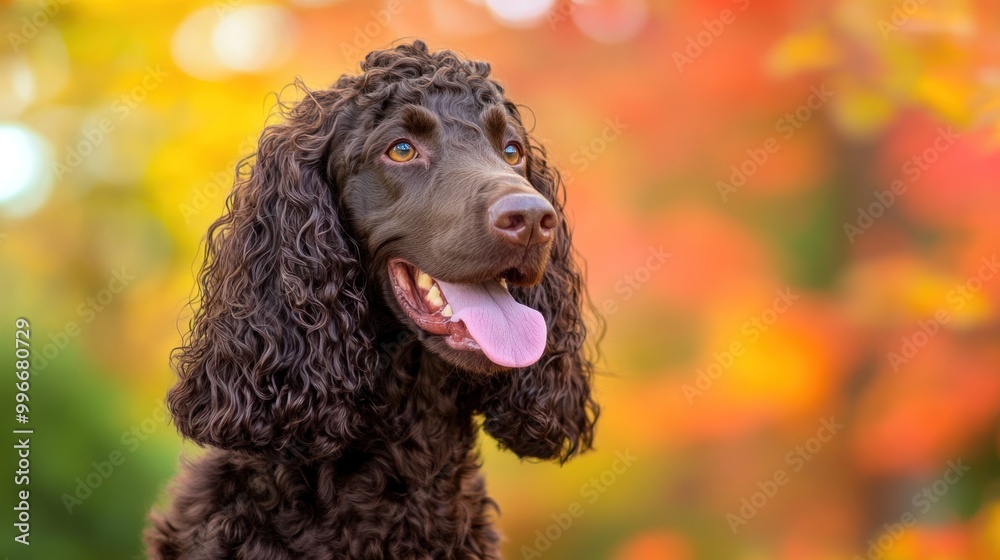 A brown curly-haired dog with a happy expression against a colorful autumn background. A brown curly-haired dog with a happy expression against a colorful autumn background.