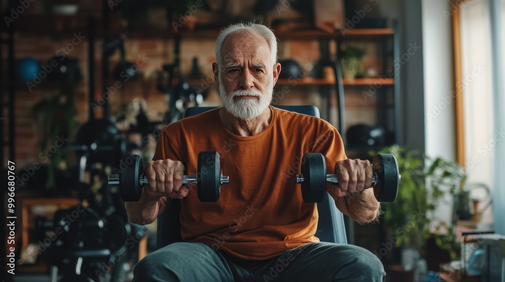 Elderly man exercising with dumbbells in a home gym during the morning hours focusing on strength training and fitness Elderly man exercising with dumbbells in a home gym during the morning hours focusing on strength training and fitness