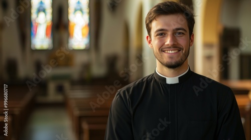 Young Protestant Minister Smiling in Church for Sunday Service, Religious Leadership Portrait