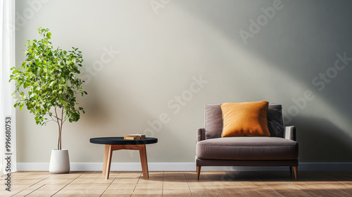 A cozy and modern living room corner featuring a stylish chair and a potted plant during the afternoon sunlight