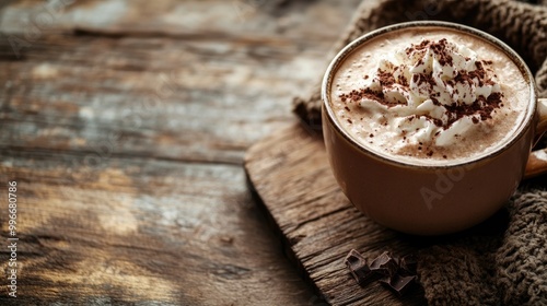 Close up of a warm beverage topped with chocolate on a wooden surface featuring ample empty space for adding text