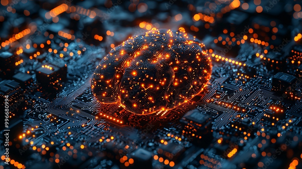 A 3D render of a glowing wireframe brain with orange nodes, connected to a blue circuit board with intricate pathways A 3D render of a glowing wireframe brain with orange nodes, connected to a blue circuit board with intricate pathways