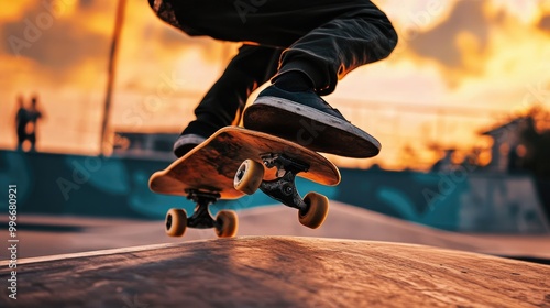 Close up of a skateboard in mid air performing a kickflip trick