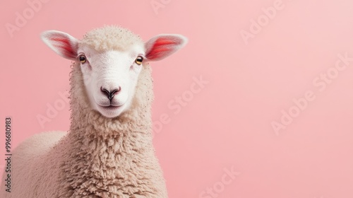 Close up of a sheep s head against a pastel pink backdrop Adorable and humorous farm animal image ideal for agricultural themes and banners with space for text