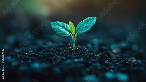 Close up of a small green seedling emerging from rich soil symbolizing eco friendly business practices and environmental sustainability