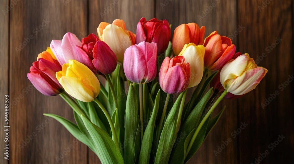 Close up of a bouquet of spring tulip flowers arranged on a wooden table Close up of a bouquet of spring tulip flowers arranged on a wooden table