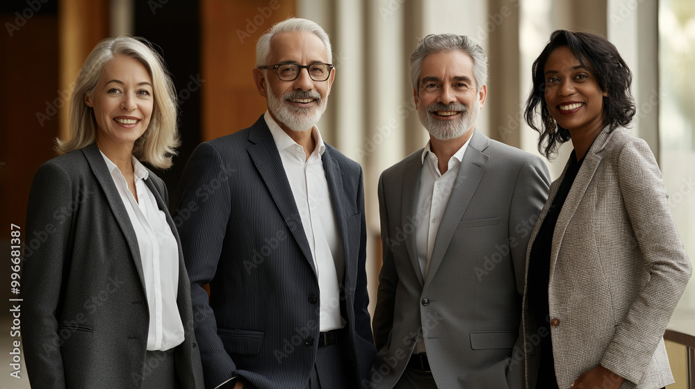 Diverse team of middle aged and senior businesspeople, four colleagues collaboration in an office, professional corporate environment, happy and confident group working together on a project Diverse team of middle aged and senior businesspeople, four colleagues collaboration in an office, professional corporate environment, happy and confident group working together on a project
