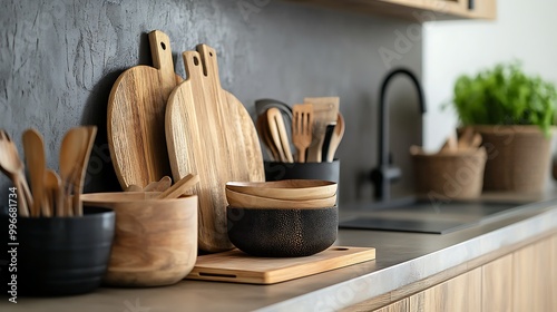 A kitchen counter with wooden cutting boards, bowls, and utensils. There are also plants in the background.