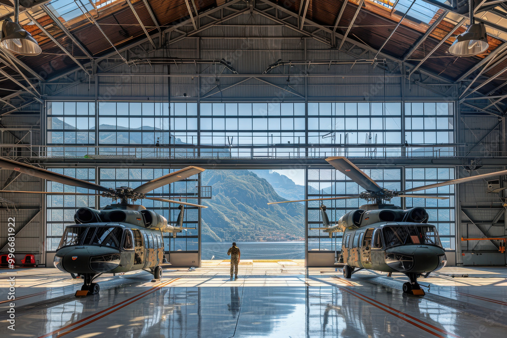 Military helicopters lined up inside a large hangar with high ceilings and steel beams Military helicopters lined up inside a large hangar with high ceilings and steel beams