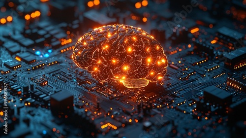 A wireframe brain with orange light nodes, embedded in a complex network of circuits on a blue electronic motherboard photo